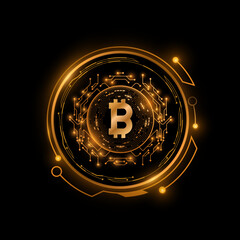 Poster - Futuristic Bitcoin against the background of a hi-tech board with HUD circles. Digital coin for banner, website or presentation. Vector illustration.