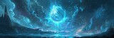 Mystical blue energy orb in celestial space - An awe-inspiring celestial scene with a mystical energy orb at its core, surrounded by swirling blue nebulas and ethereal lights