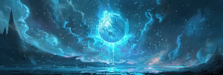 Wall Mural - Mystical blue energy orb in celestial space - An awe-inspiring celestial scene with a mystical energy orb at its core, surrounded by swirling blue nebulas and ethereal lights