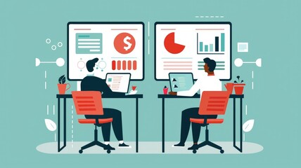 Poster - Professionals working on data analysis - An illustrated scene showing two professionals at their workstations analyzing data and charts on their computers