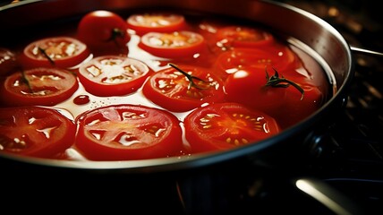 Wall Mural - Sizzling Symphony: Tomatoes Simmering in a Pot, Their Juicy Essence Bubbling and Dancing, Aromatic Steam Rising, A Tempting Prelude to Culinary Delight.






