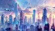 Vibrant futuristic cityscape with flying cars - Stunning digital art of a futuristic city bathed in sunset hues with sleek flying vehicles soaring above