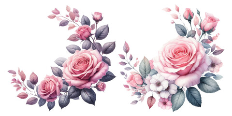 Pink rose wreath watercolor illustration material set