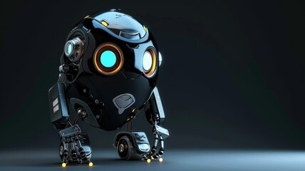 Poster - Futuristic robotic creature standing - A sophisticated futuristic robot with glowing blue eyes stands in a dramatic, sleek setting