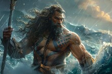 A Man With Long Hair And A Beard Is Standing In The Ocean, Holding A Sword