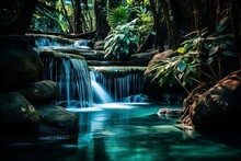 This Captivating Image Of A Rainforest Waterfall Showcases Natures Beauty With Lush Greenery And Flowing Blue Water. Ideal For Commercial Use In Travel, Tourism, And Nature-related Industries.