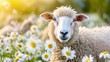Young sheep grazing in daisy field on a sunny summer day, picturesque farm animal scenery