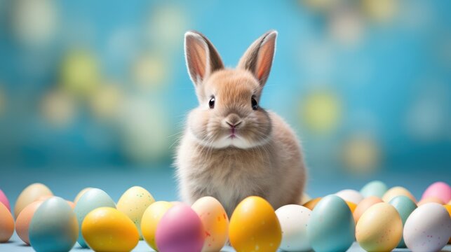 Cute rabbit with colorful Easter eggs on blue background