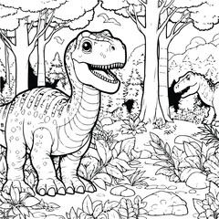 Wall Mural - coloring draw dinosaur in the jungle with friend illustration background and happy black and white version good for kids