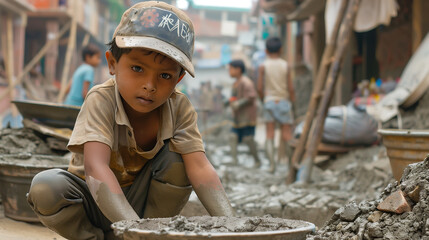 Wall Mural - Child in labor day . Child in construction area mixing concrete. Child building structure. Labor day.