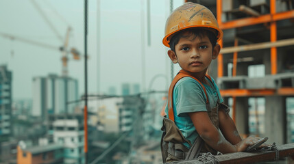 Wall Mural - Child in labor day . Child in construction area. Child building structure. Labor day.