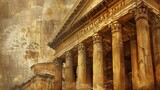  a golden yellow ancient greece and roman empire texture wallpaper background with a lot of empty blank copyspace. pillars and old buildings. 
