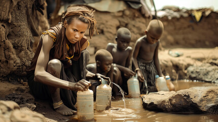 Young children in Africa stretch out hands to collect drinking water from a communal well in a barren landscape. The daily struggle for access to clean water in arid regions of Africa. Generative AI.