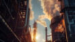 Industrial factories emit exhaust fumes. View from below, air pollution concept