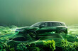 An electric SUV with a rugged design, visible through a translucent layer of green energy waves, against a forest green background.