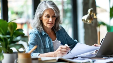 Poster - Senior Woman Working at Desk With Laptop and Papers Generative AI
