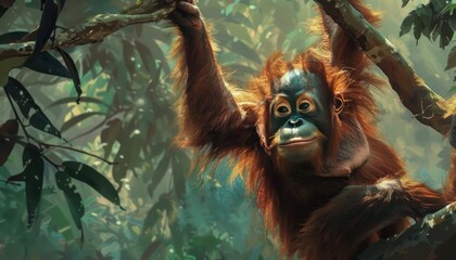 Wall Mural - orangutan hanging alone on a shady tree branch