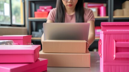 Poster - Female Entrepreneur Working at Table With Boxes and Laptop Generative AI