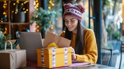Poster - Woman Working on Laptop at Table With Box Generative AI