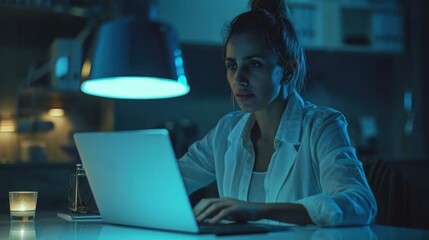 Poster - woman typing on laptop computer generative ai