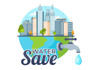 Wall Mural - Water Saving Vector Illustration for Mineral Savings Campaign and Energy Utilization with Faucet and Earth Concept in Flat Cartoon Background