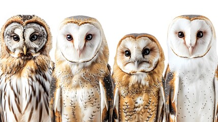 Wall Mural - Collection of portraits of different owl species, barn, eagle, snowy and little owl, isolated on a transparent background