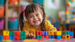 Joyful little girl with Down syndrome engaged in Montessori activities colorful toys