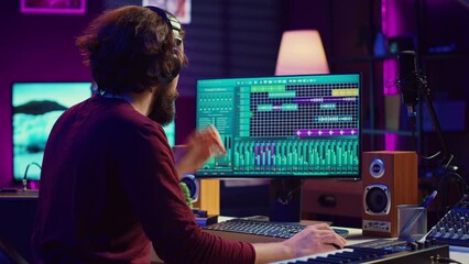 Poster - Audio engineer working at home music studio with daw software and equalizer mixing gear on screen. Performer mixing and mastering pop rock soundtracks, signal processing concept. Camera A.