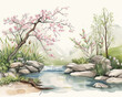 serene springtime nature scene with blossoming tree and tranquil stream