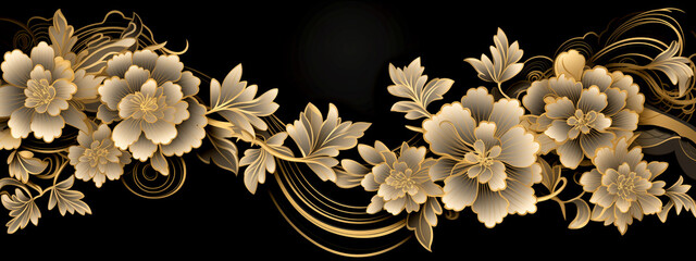 Sticker - Horizontal Luxury Image of Elegant Gold Pattern on Black Background in Japanese Style