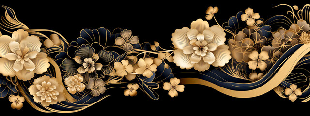 Sticker - Horizontal Luxury Image of Elegant Gold Pattern on Black Background in Japanese Style