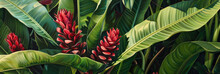 Close Up Of Ginger Plant With Red Flowers And Green Leaves, Tropical Plants, Generative AI