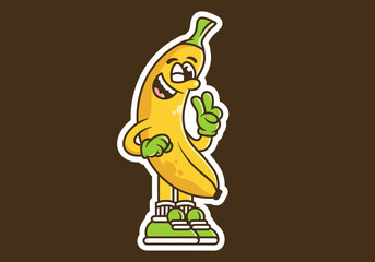 Sticker - Cute mascot character of a banana with hand forming peace symbol