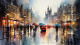 Fototapeta Big Ben - Capturing the essence of a rainy city street, the watercolor illustration portrays pedestrians under umbrellas amidst the comforting glow of street lights.
