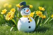 © Kseniya Ananko - Cute snowman with yellow flowers on green grass in sunny day
