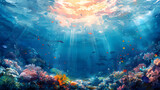 Fototapeta Do akwarium - Watercolor Painting of Vibrant Underwater Seascape with Colorful Coral and Marine Life, Tranquil Ocean Scene, Diverse Marine Life, Explore the Beauty of Sea and Coastal Decoration.