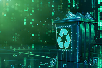 Wall Mural - a semi - opaque recycling bin filled with electronic waste, overlaid with glowing eco - tech icons, 