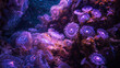 Beneath the ocean's surface lies a mesmerizing coral reef, illuminated by bioluminescent creatures with shimmering purple eyes that illuminate the underwater world like tiny stars.