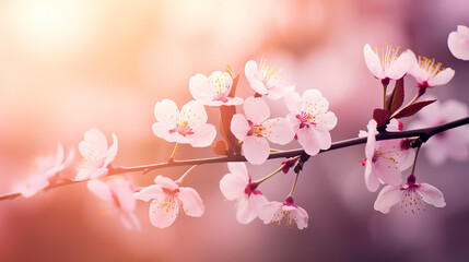 Wall Mural - beautiful spring border or background art with pink blossom blurred at the background