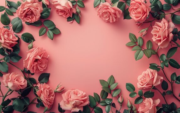 Blank pink roses floral frame flower on bright pastel background. Mother's day. Mockup advertisement. invite. presentation. copy space.