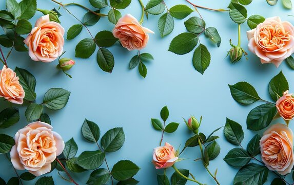 Blank roses floral frame flower on bright pastel background. Mother's day. Mockup advertisement. invite. presentation. copy space.