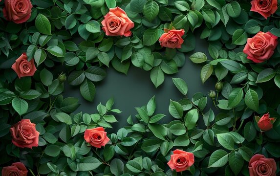 Blank red roses floral frame flower on dark green background. Mother's day. Mockup advertisement. invite. presentation. copy space.