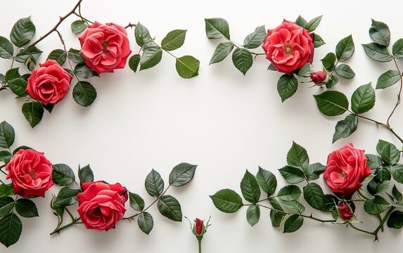 Blank red roses floral frame flower on white background. Valentine''s day-Mother's day. Mockup advertisement. invite. presentation. copy space.