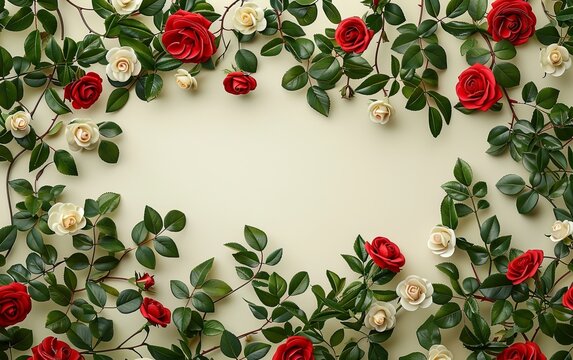 Blank red roses floral frame flower on white background. Valentine''s day-Mother's day. Mockup advertisement. invite. presentation. copy space.