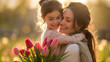 A mother and daughter sharing a heartfelt hug amidst a vast field of vibrant tulips in full bloom, Mother`s Day concept