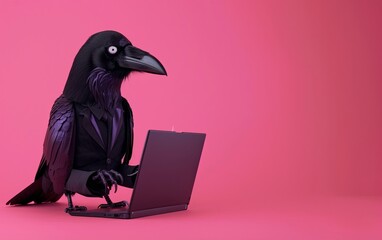 Fototapete - Black crow bird using a laptop while working on bright pastel background. advertisement. presentation. commercial. editorial. copy text space.