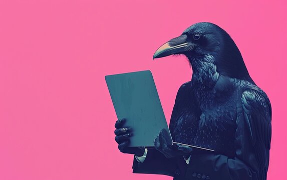 Black crow bird in suit using a laptop while working on bright pastel background. advertisement. presentation. commercial. editorial. copy text space.
