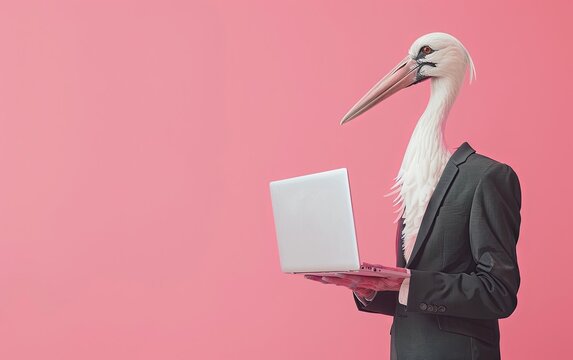 Stork bird in suit holding a laptop while working on bright pastel background. advertisement. presentation. commercial. editorial. copy text space.