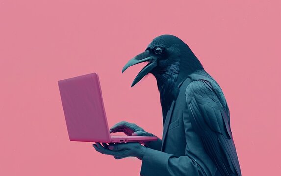 Black crow bird in suit using a laptop while working on bright pastel background. advertisement. presentation. commercial. editorial. copy text space.