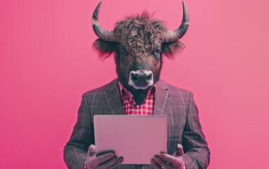 Fototapete - Buffalo in suit holding a tablet while working on bright pastel background. advertisement. presentation. commercial. editorial. copy text space.